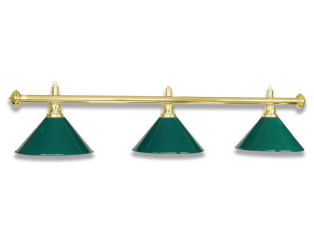 Metall-Lampe mit 3 Schirmen für Billardtische. Oberfläche Messing poliert.