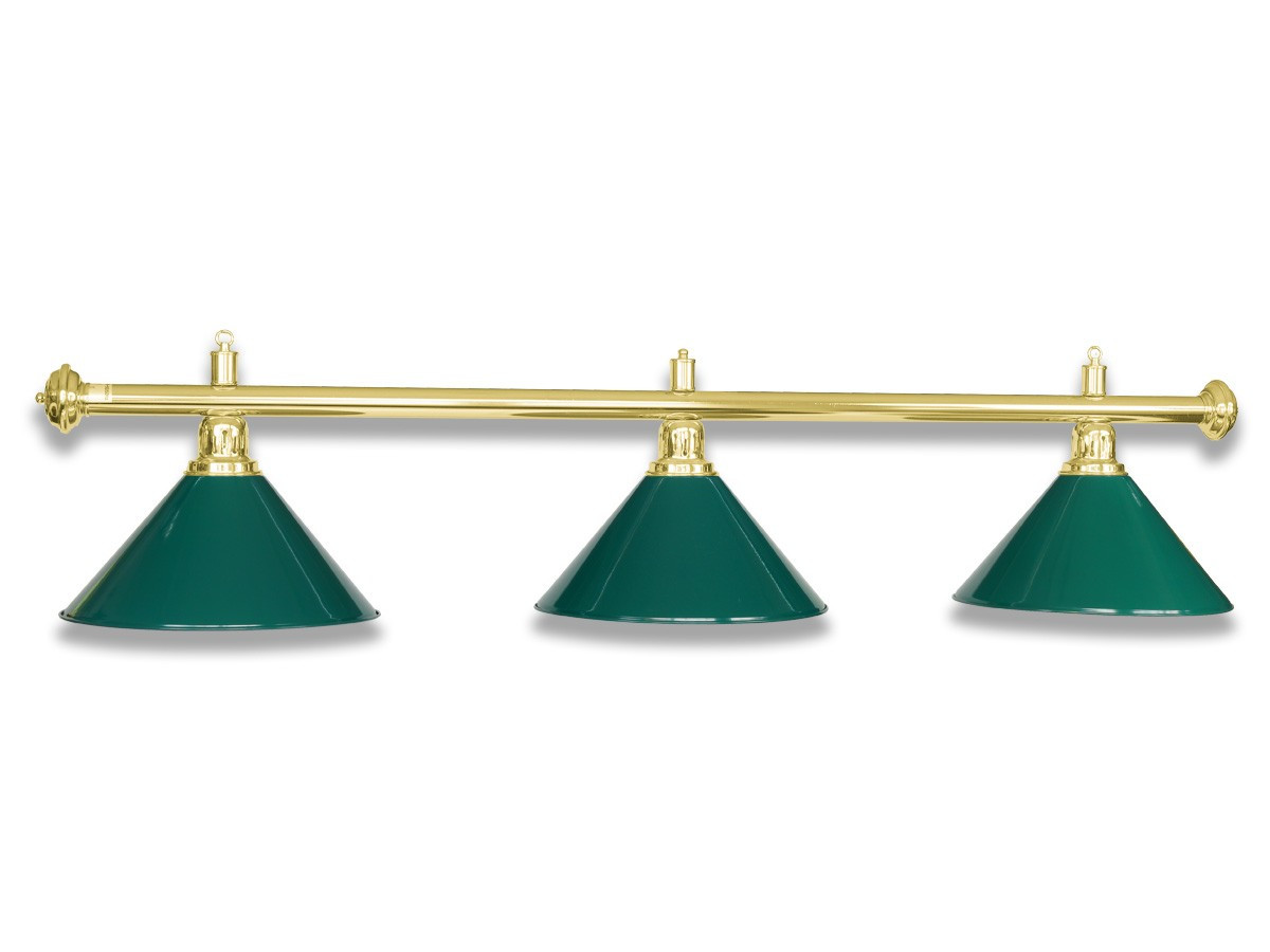 Metall-Lampe mit 3 Schirmen für Billardtische. Oberfläche Messing poliert.