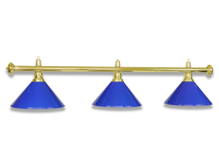 Billardlampe mit drei Schirmen Blau aus Blech. Gestänge mit polierter Messing Oberfläche.