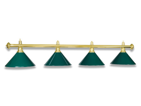 Billardlampe mit 4 Schirmen. Gestänge Messing poliert, Schirme Blech grün.