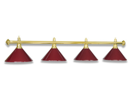 lustre / lampe de billard en couleur laiton avec 4 abat-jour bourgogne.