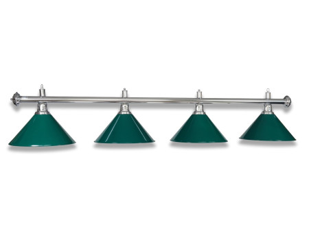 Billardlampe verchromt mit 4 Schirmen grün.